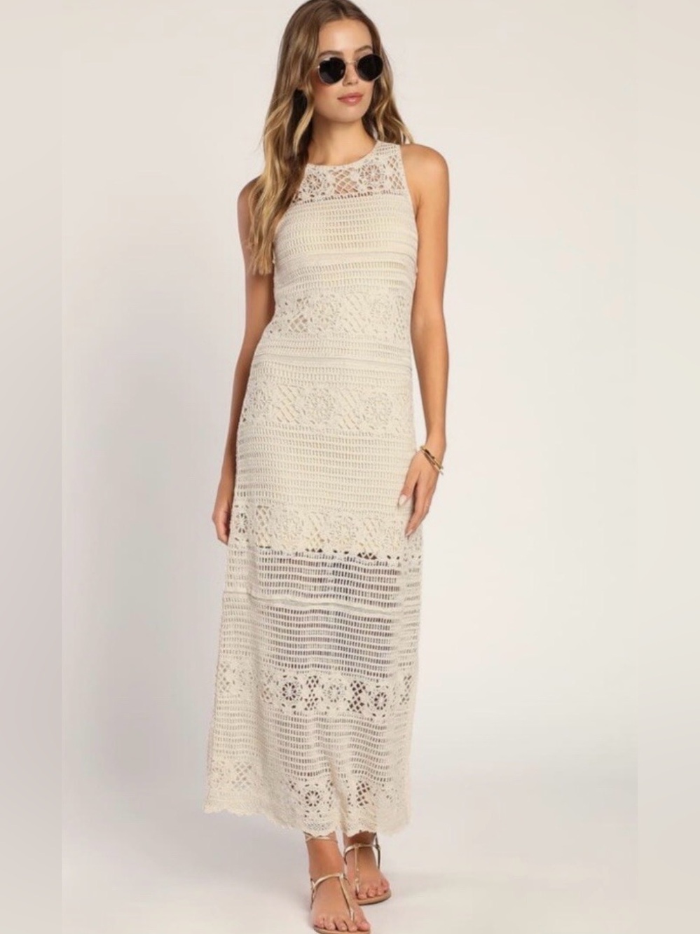 BB Dakota Crochet Your Love Dress XS Beige Boho Maxi Sleeveless NWT
